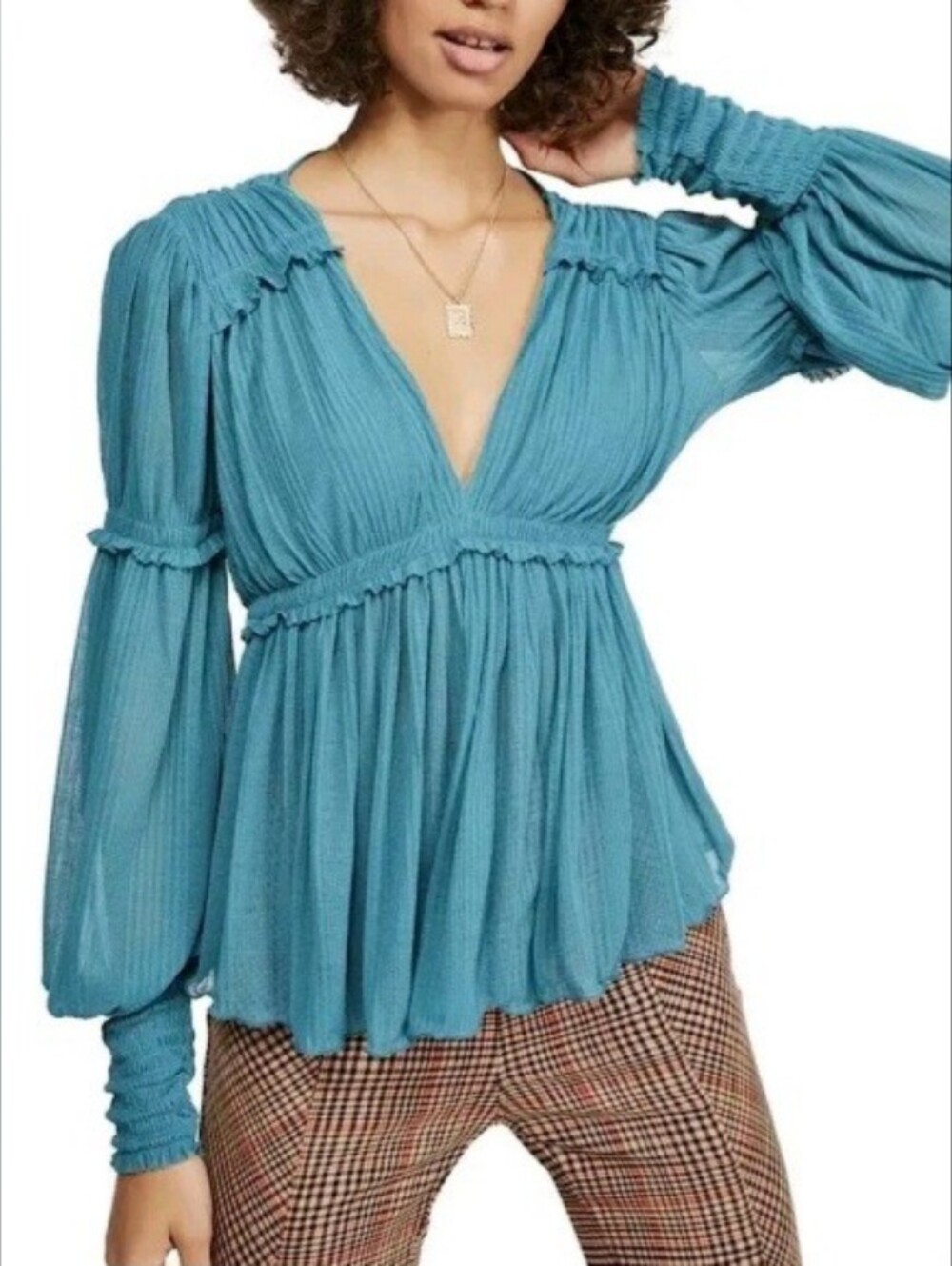 FREE PEOPLE Day Dreaming Long Sleeves Blouse In Teal L